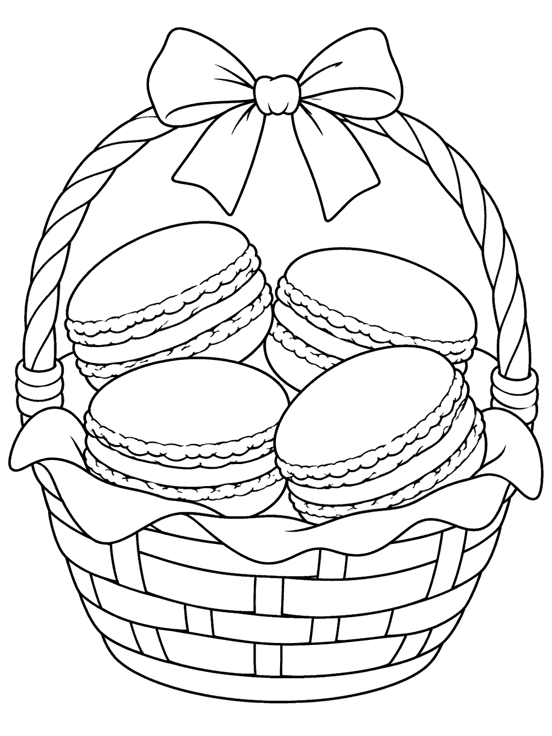 Black-and-white coloring page showing four macarons in a handled woven basket topped with a bow.