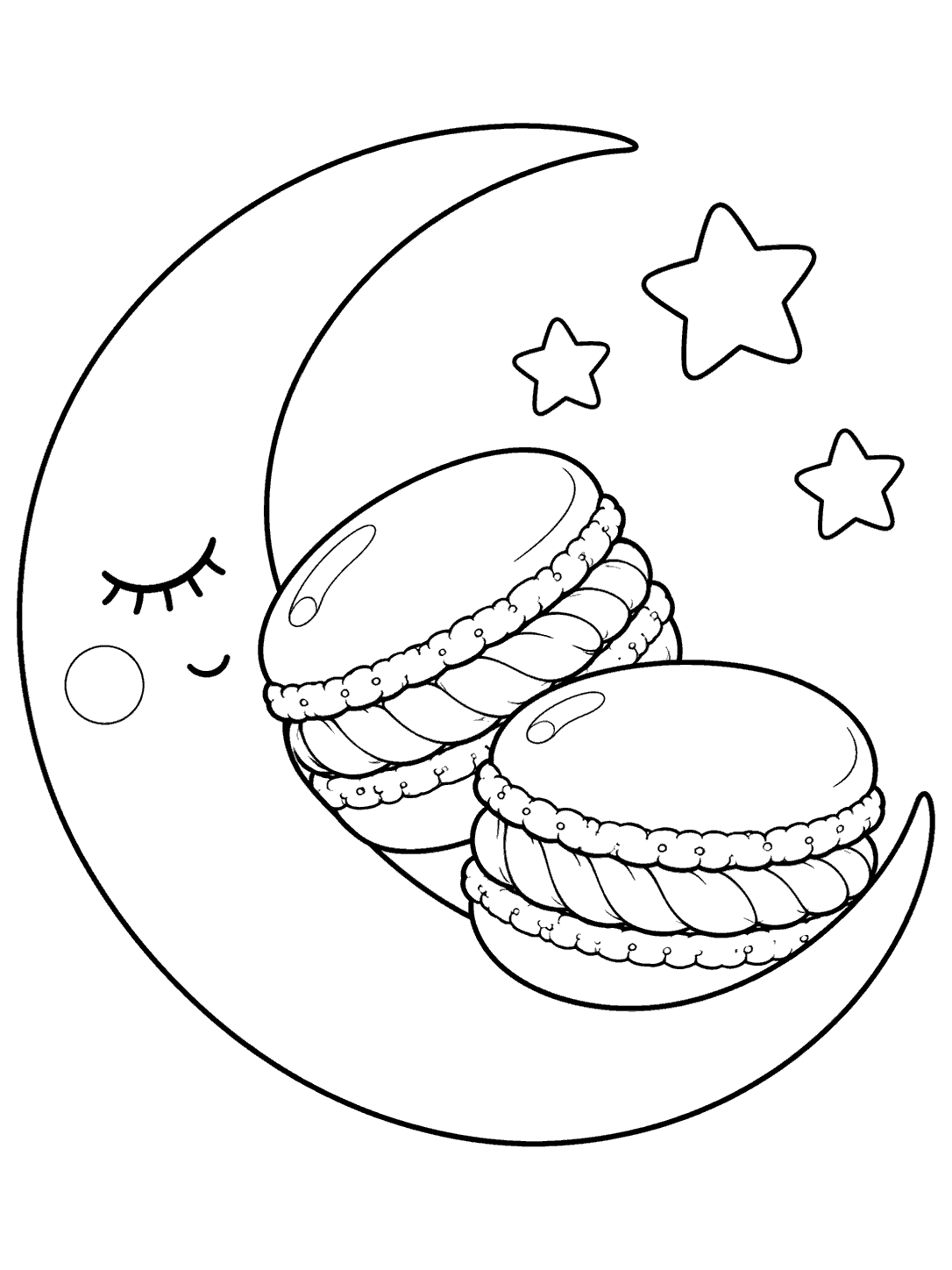 A smiling crescent moon cradles two detailed macarons, with three outlined stars nearby.