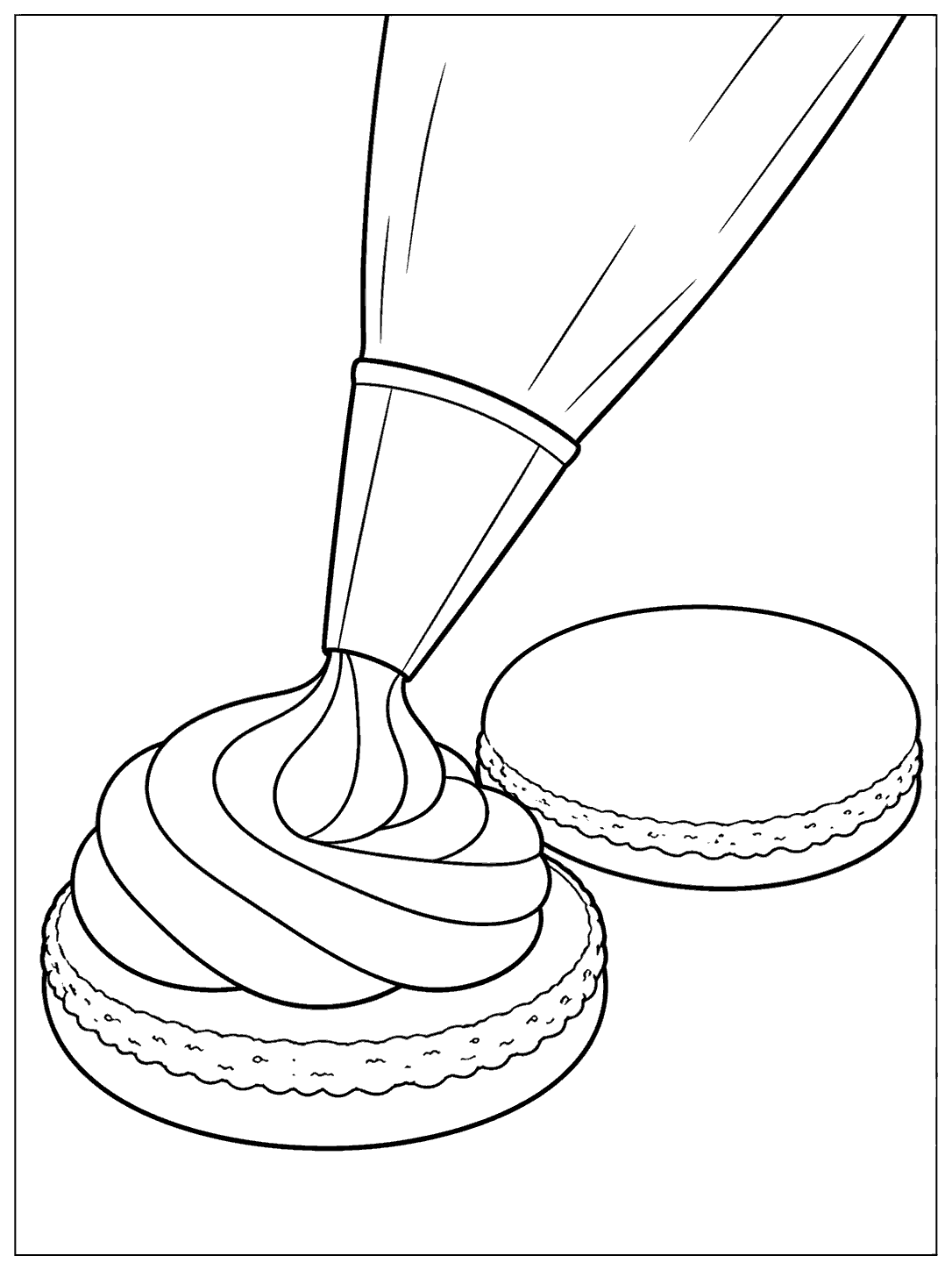 Black ink macaron decorating coloring page showing a piping bag swirling filling onto one shell, with a matching shell nearby.