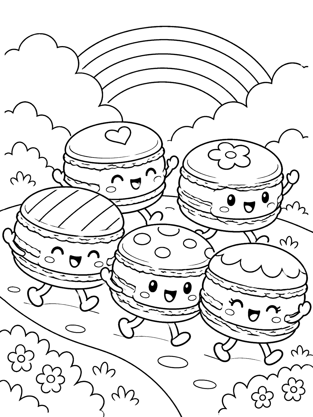 Five smiling macarons with different shell decorations parade along a winding path beneath a rainbow and clouds.