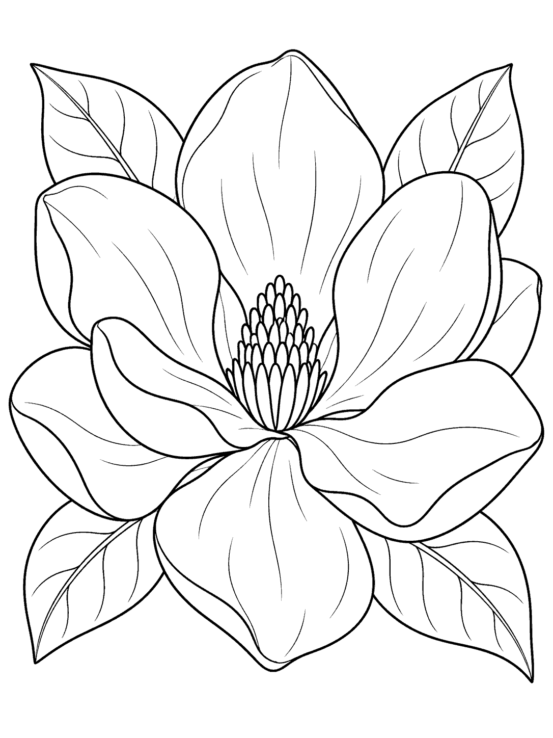 Magnolia bloom coloring page with broad petals and leaves