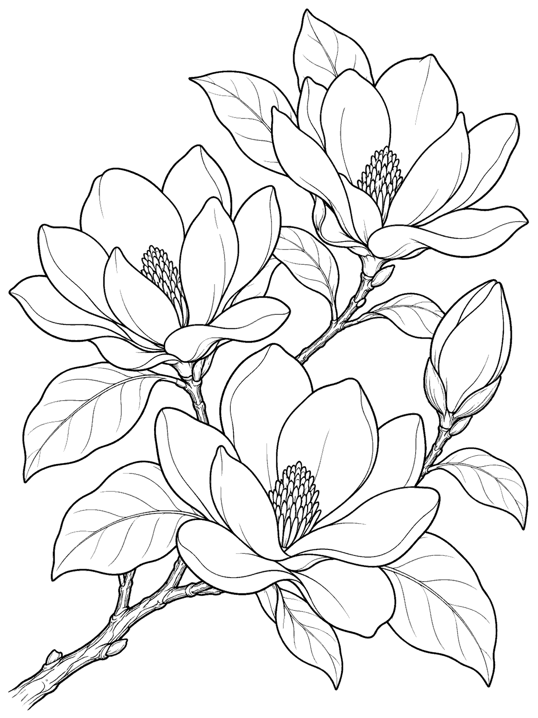 Black-and-white magnolia branch coloring page with three flowers, one bud, and broad leaves