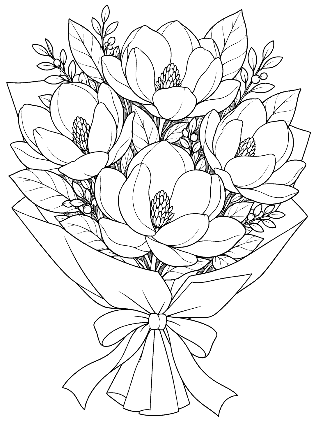 Magnolia bouquet coloring page with five open blooms, foliage, paper wrap, and a ribbon bow
