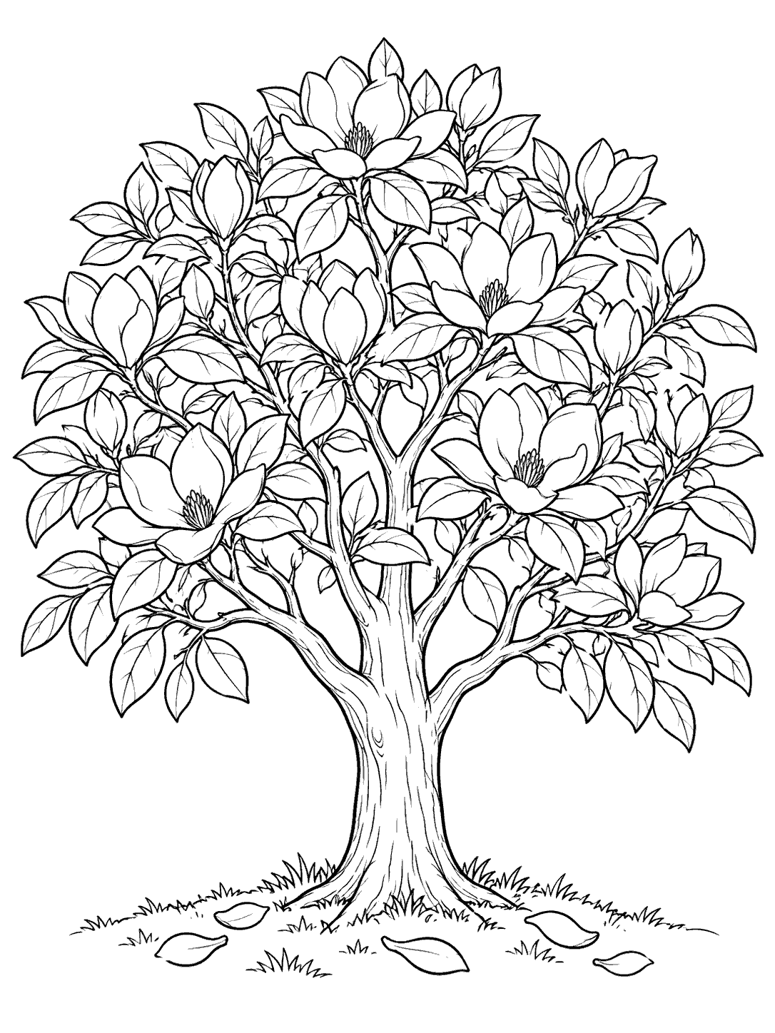 Magnolia tree coloring page with a broad canopy, blossoms, visible trunk, and fallen petals.
