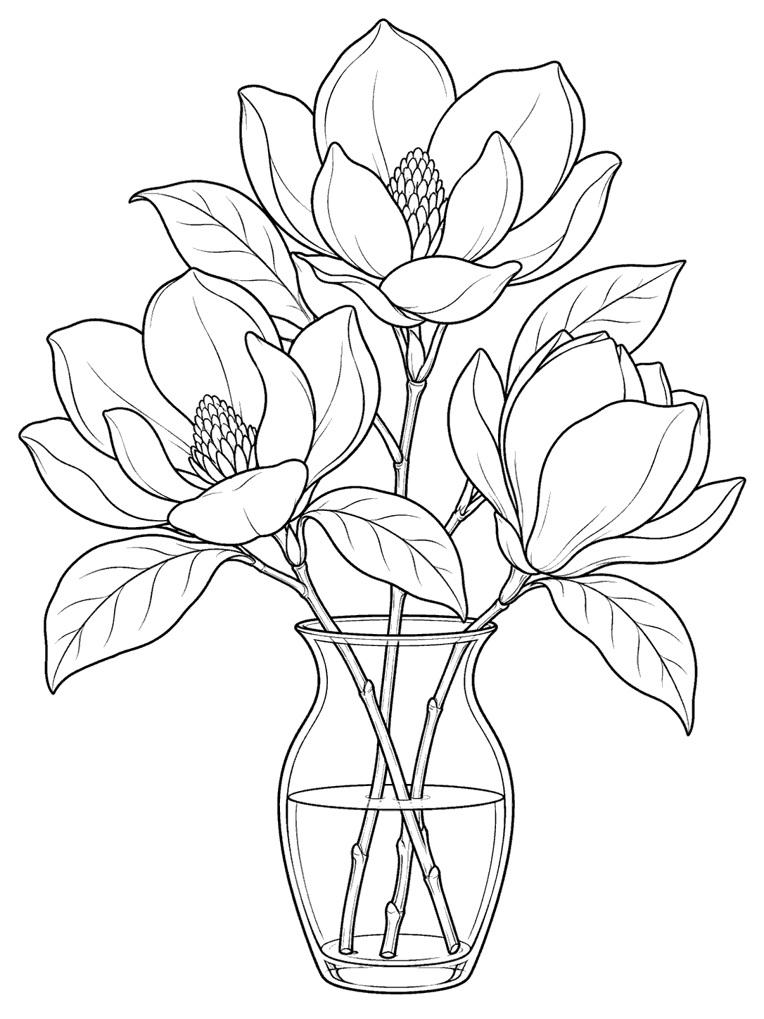 Three magnolia blossoms and visible stems in a clear vase coloring page