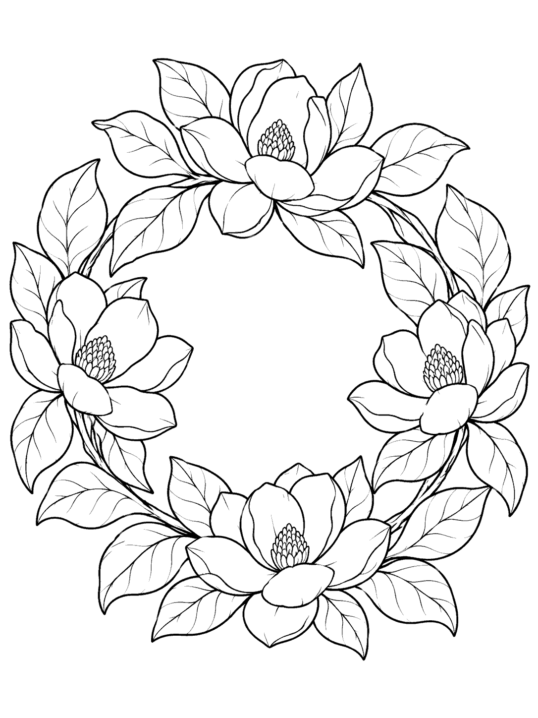 Black ink magnolia wreath with four blossoms and leaves on a white coloring page
