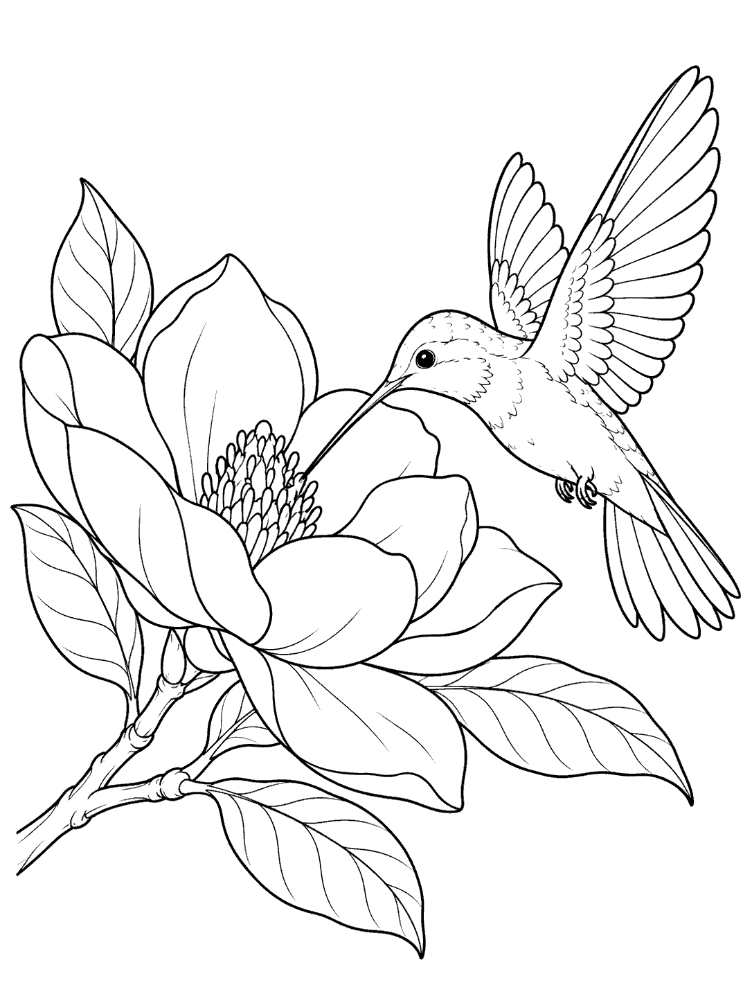 Black and white coloring page showing a hovering hummingbird beside a large magnolia blossom and leafy branch.