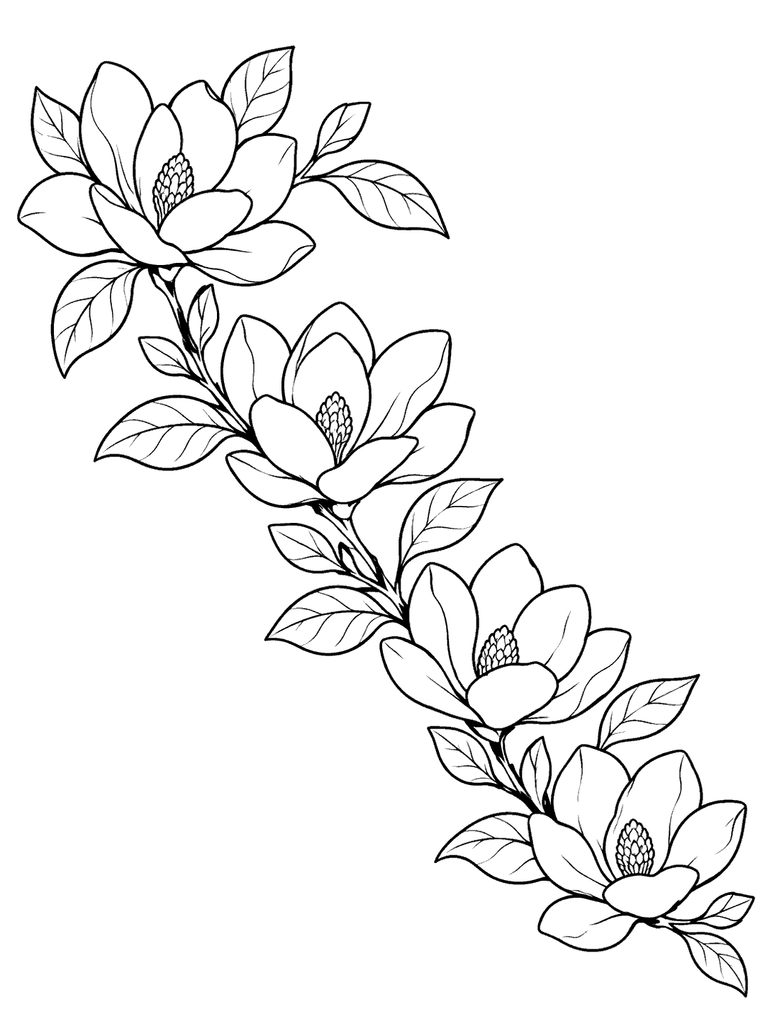 Black line art of four magnolia flowers connected by leafy sprigs in a curved garland, with open white space around it.