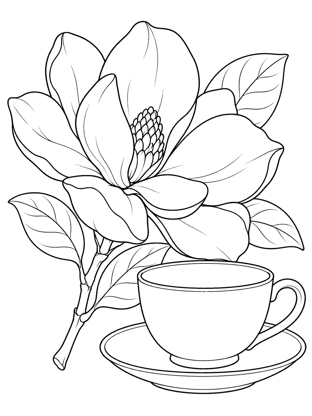 Black outline coloring page of a magnolia bloom with leaves beside a teacup and saucer.