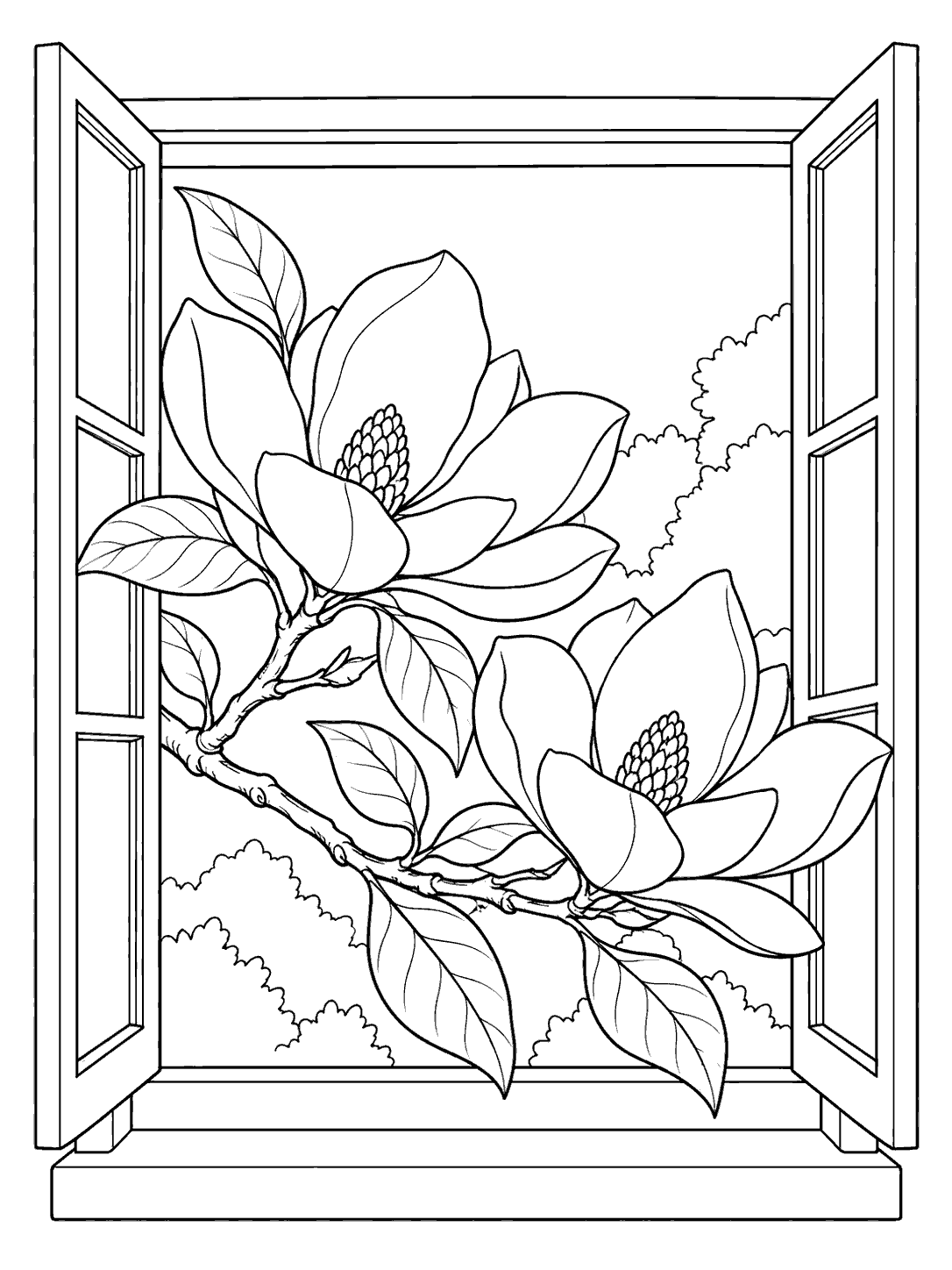 Black-and-white magnolia branch with two large blossoms framed by an open window coloring page