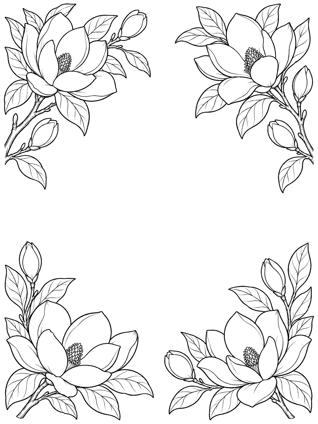 Black outline coloring page with magnolia blooms and leafy branches in all four corners