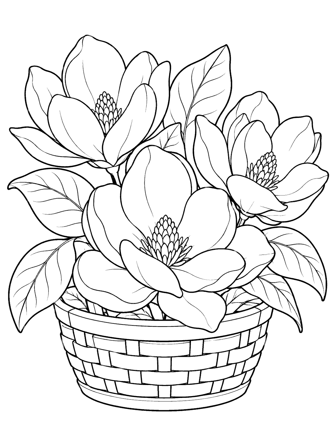 Black-and-white coloring page of three magnolia blossoms and broad leaves arranged in a woven basket.