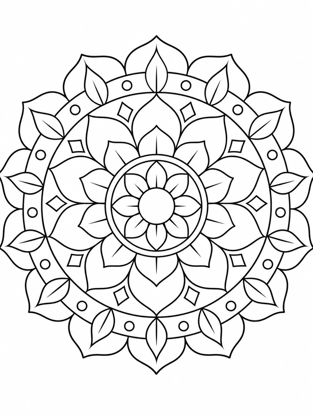 A symmetrical black-and-white circular mandala with layered lotus petals, rounded leaves, diamonds, and circles.