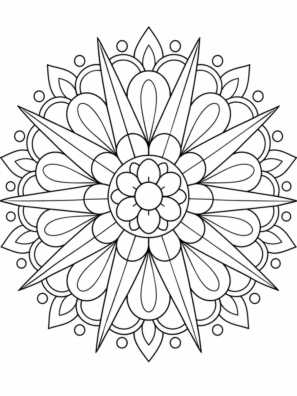 A black-outline sunburst mandala with a small central flower and alternating rounded petals and tapered rays on white.