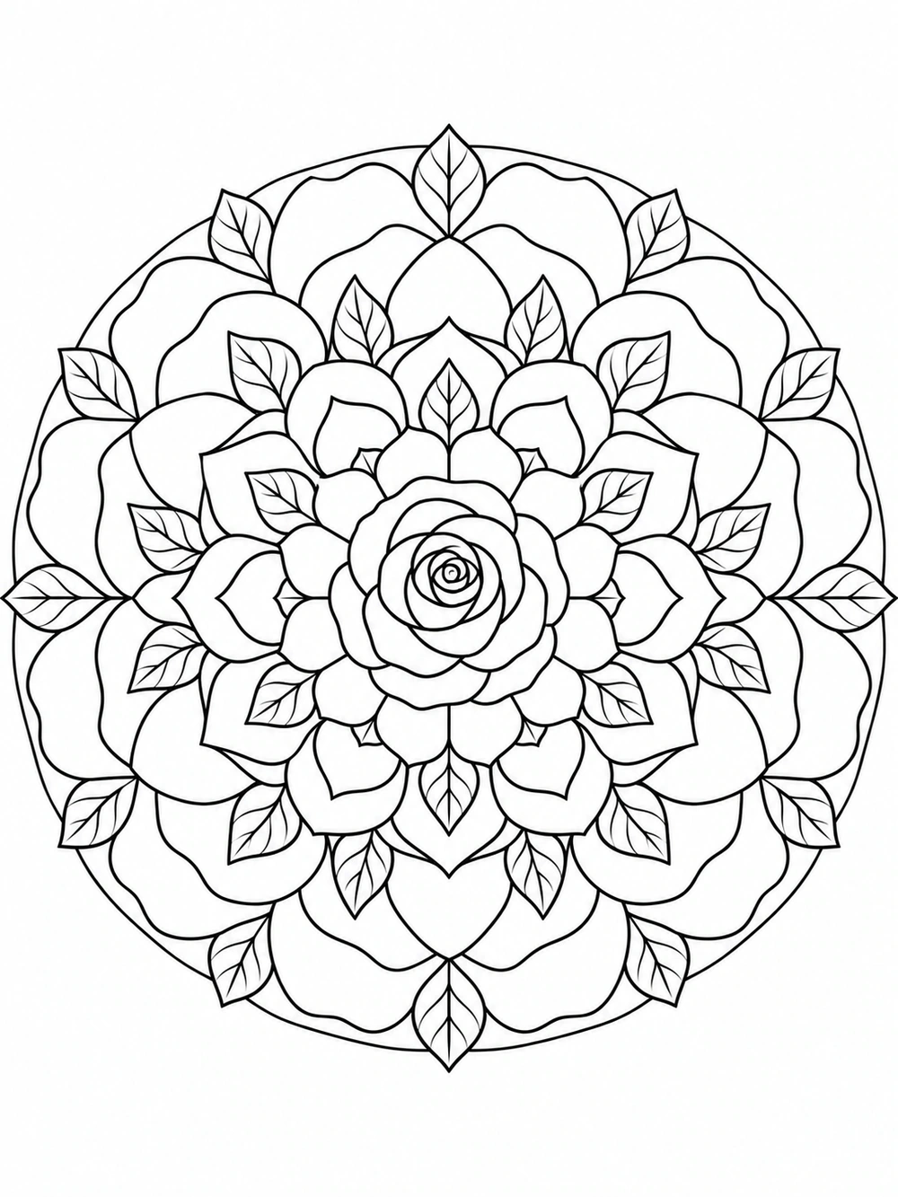 A circular mandala composed of repeating rose petals and leaves.
