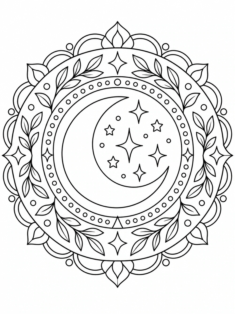 A black-outline crescent moon in the center of a circular mandala with balanced arcs and pointed ornamental shapes on a white page.
