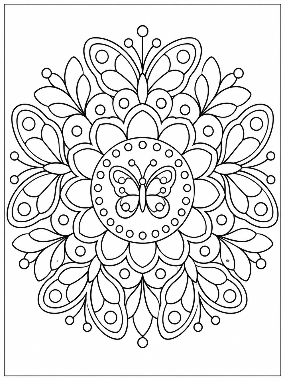 A black-outline mandala with a simple butterfly-inspired center, rounded petals, dots, and repeating wing-shaped motifs.