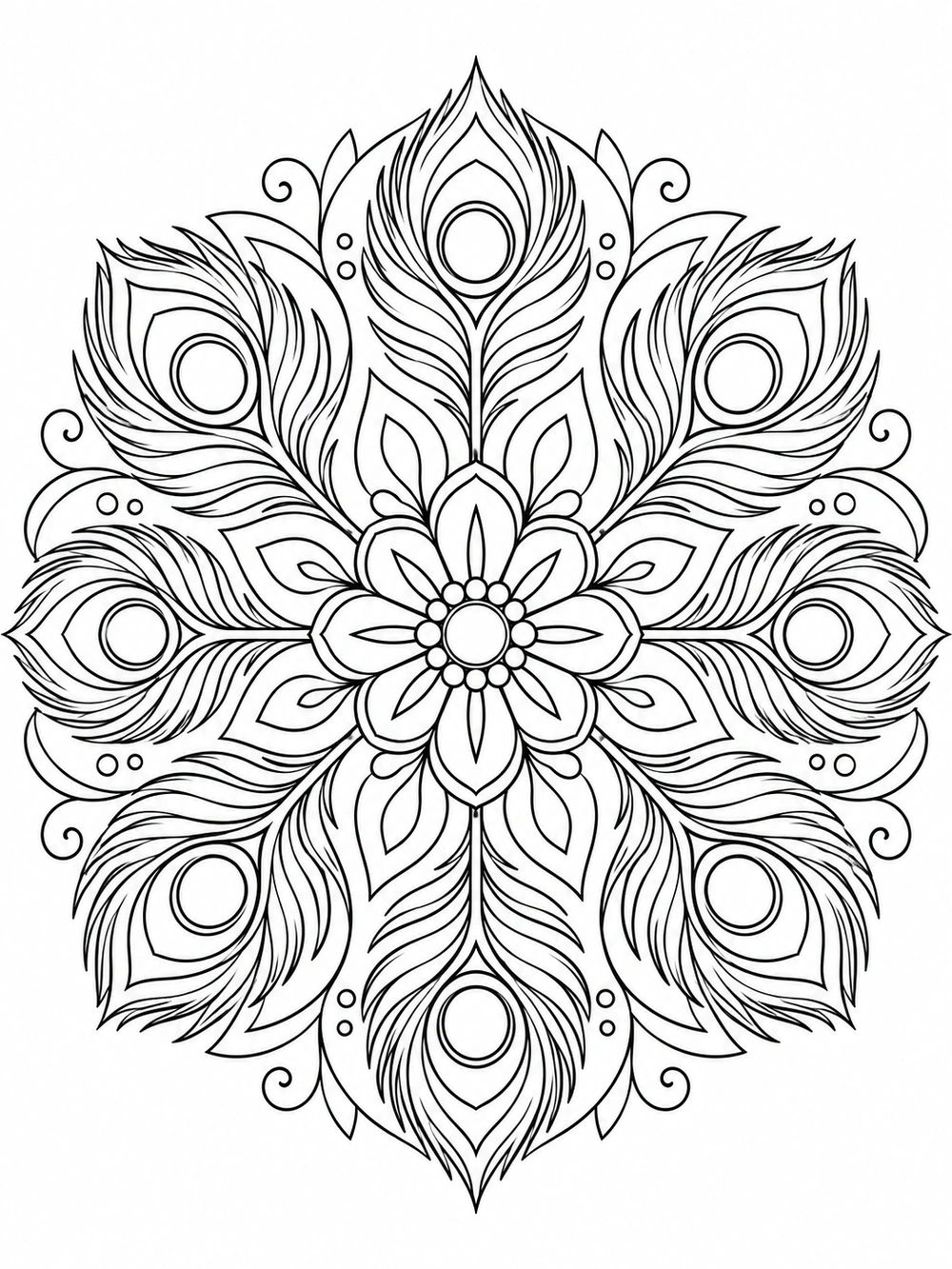 A black-and-white mandala of repeating peacock feather eyes and curved lines around a central flower.
