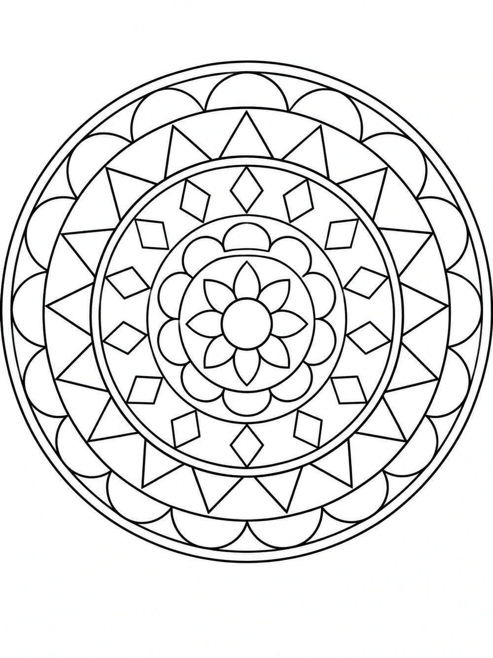 A geometric mandala with repeating triangles, arcs, and diamonds.
