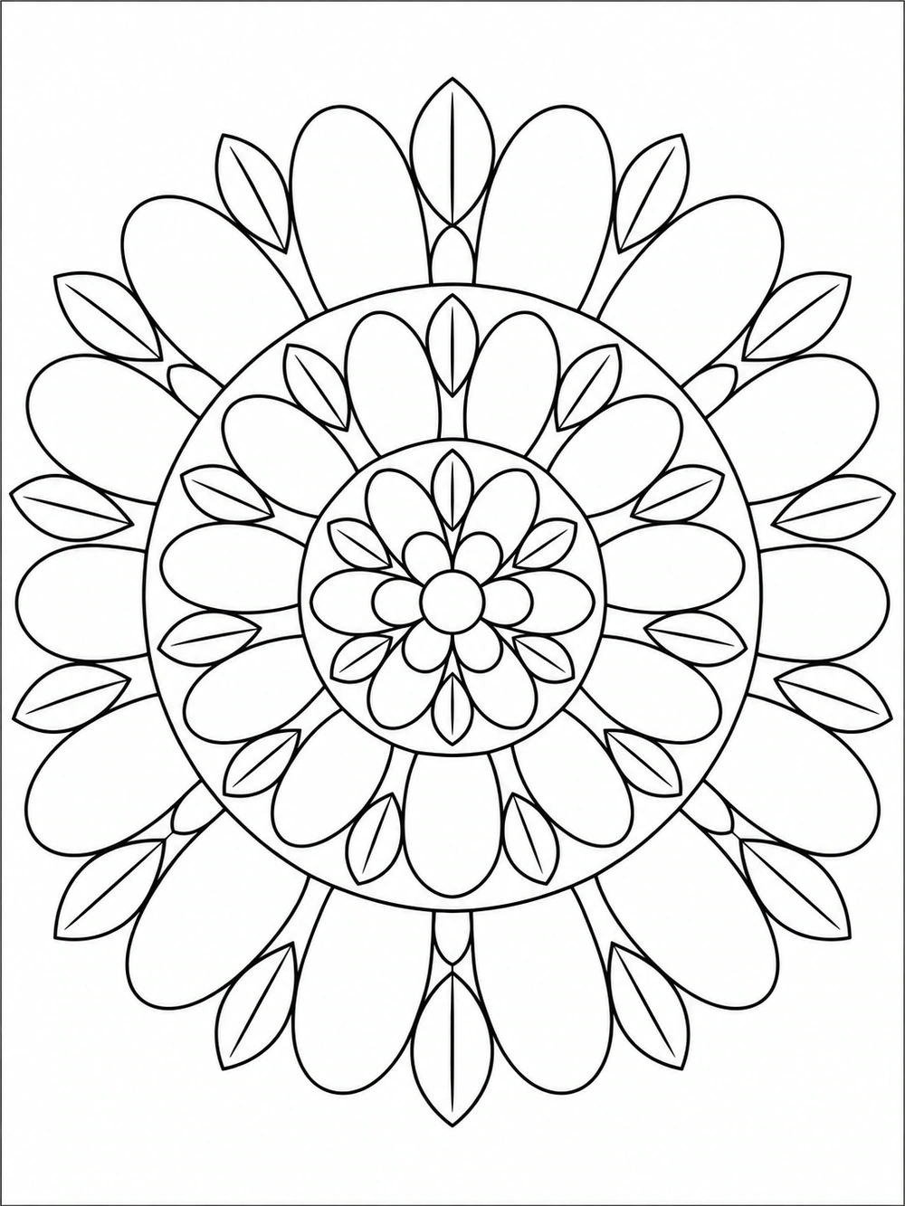 A symmetrical black line-art mandala with a central daisy surrounded by rings of open petals and rounded leaves on a white portrait page.