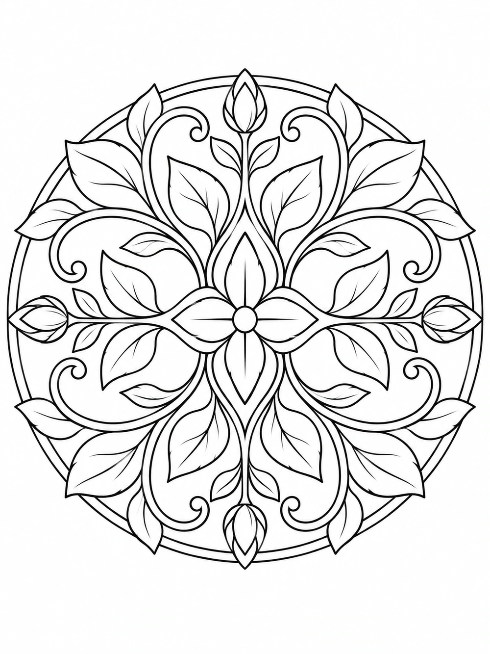 A circular mandala of curling vines, broad leaves, and simple buds, outlined in black on white.