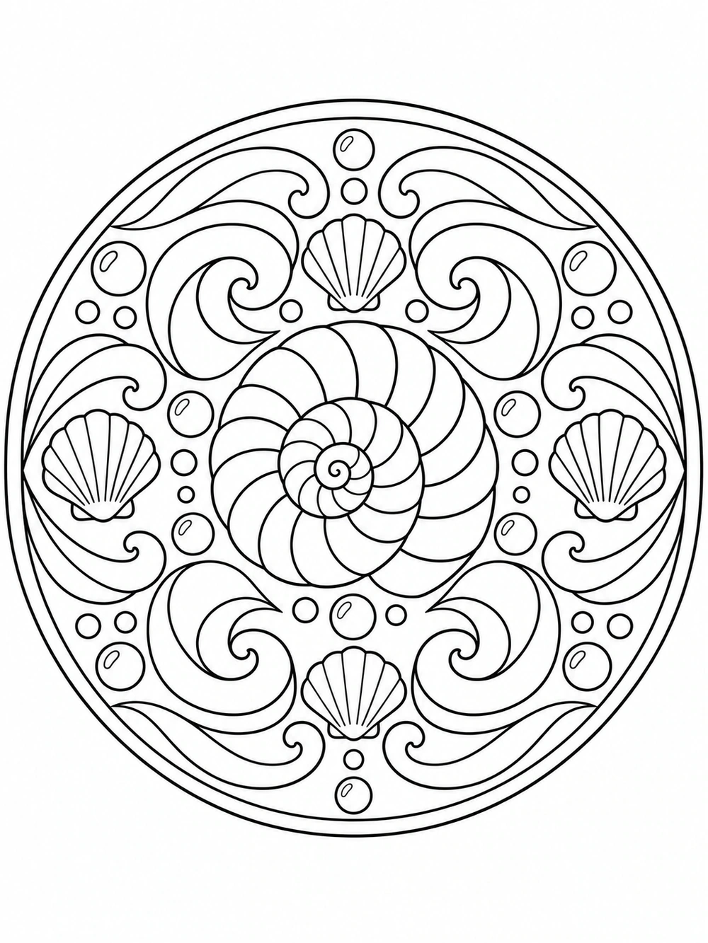 A radial ocean-inspired mandala with waves, shells, and bubbles.