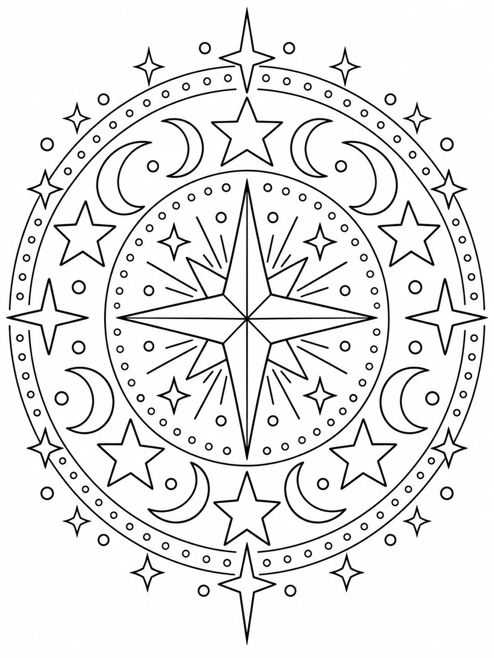 A symmetrical celestial mandala with a large central star, rings of stars and crescent moons, and dotted arcs.