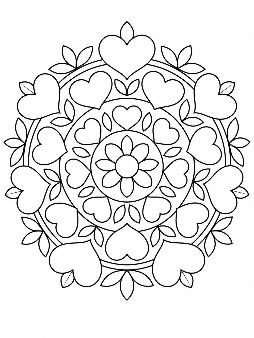 A balanced mandala of repeating heart motifs, leaves, and a central flower.