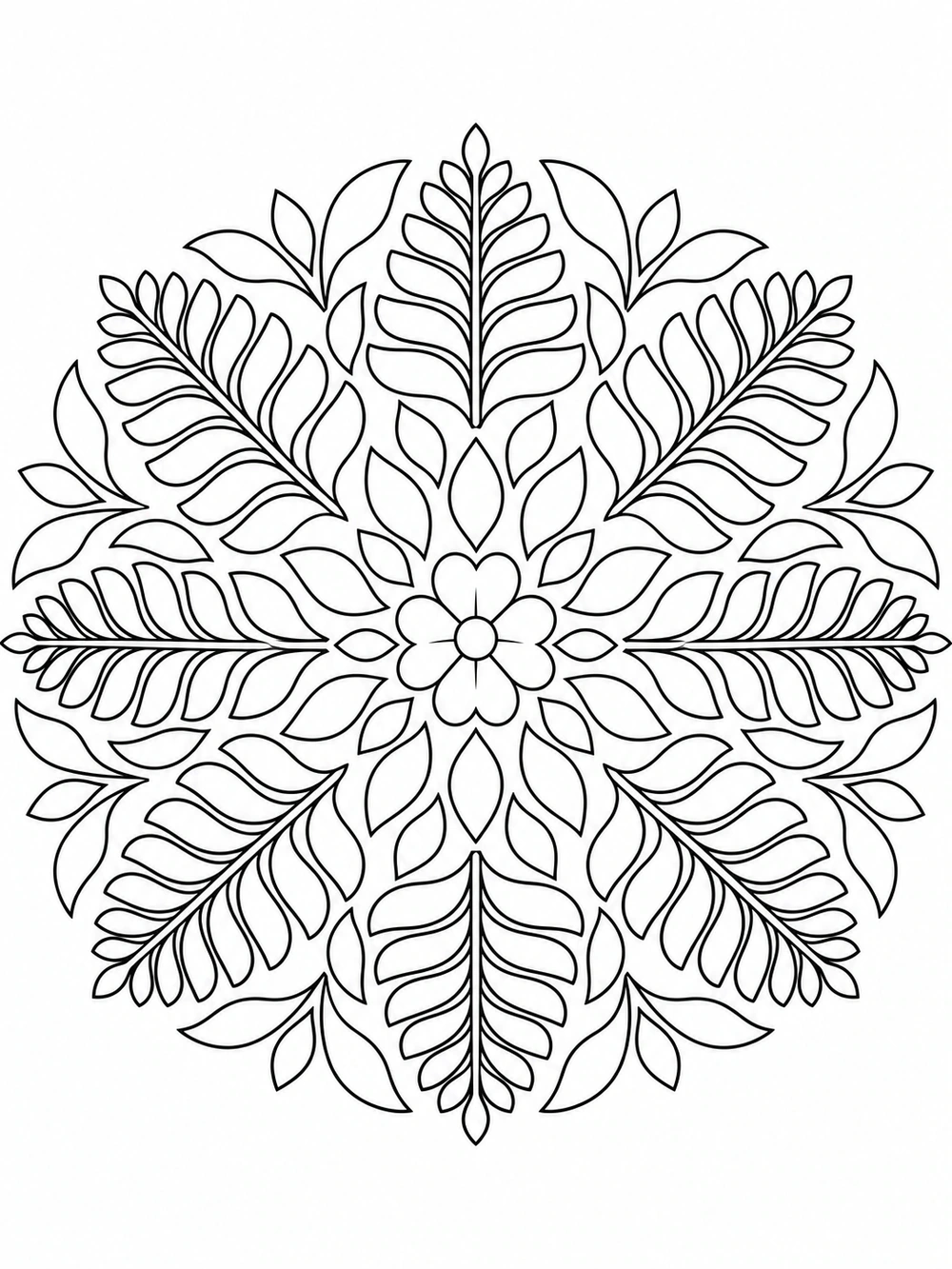 A black-and-white botanical mandala with paired fern leaflets arranged in rings around a small flower.