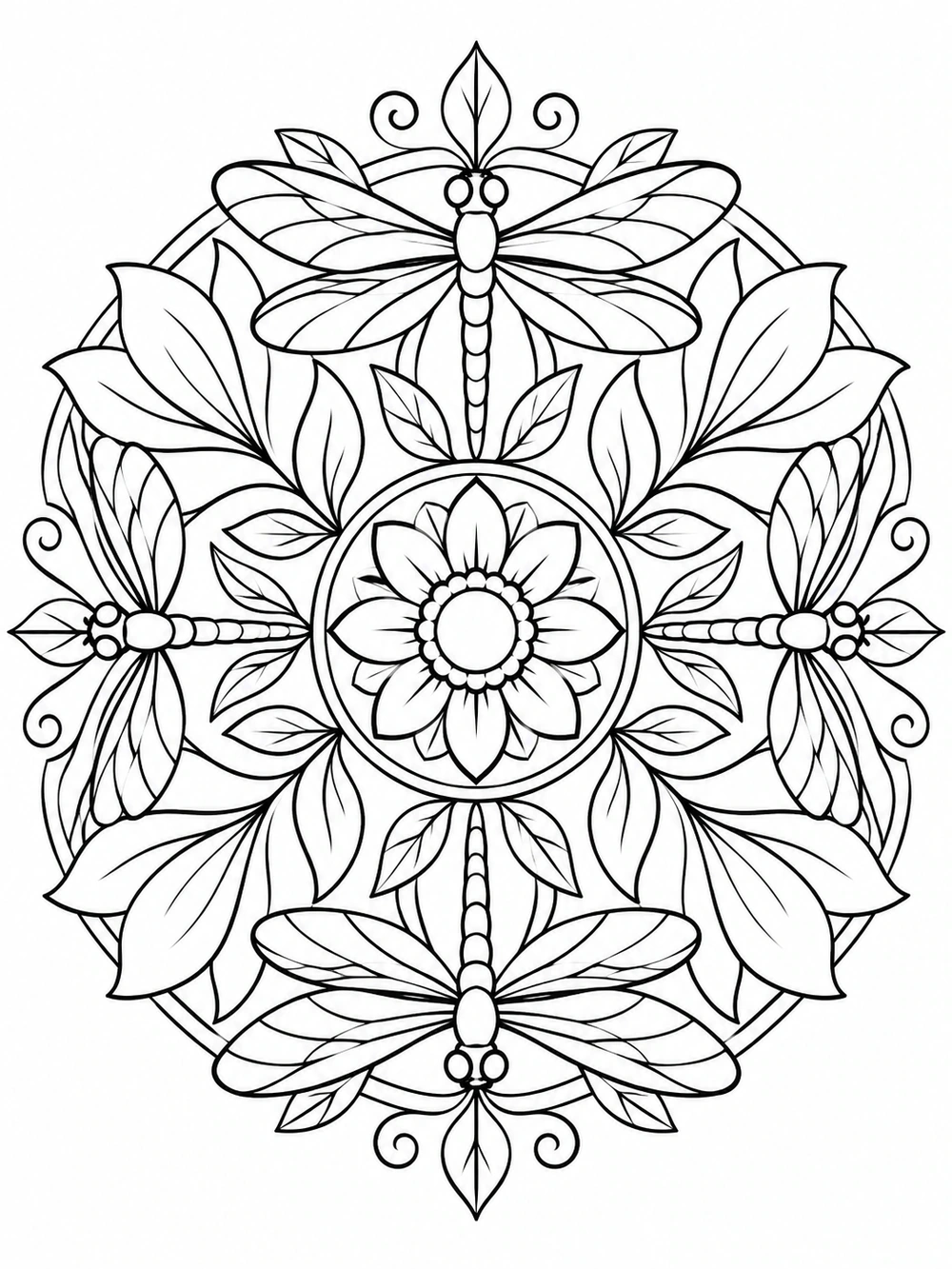 A symmetrical black-and-white mandala with four dragonflies, broad leaves and petals, and a central flower.