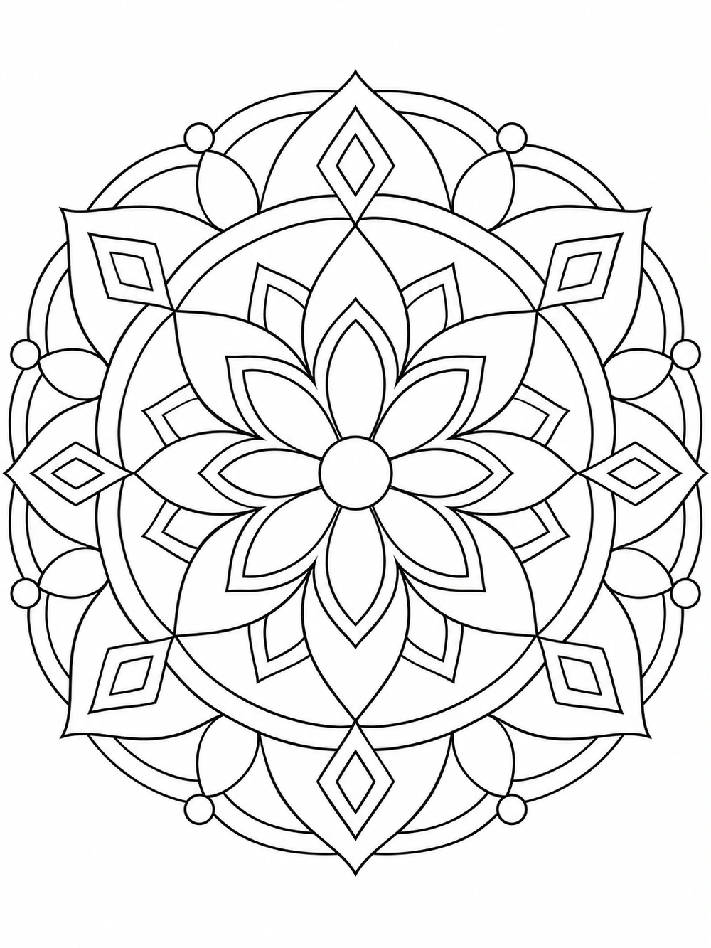 A black-outline mandala with repeating rounded diamond shapes, broad arcs, and petal forms radiating from a central point.