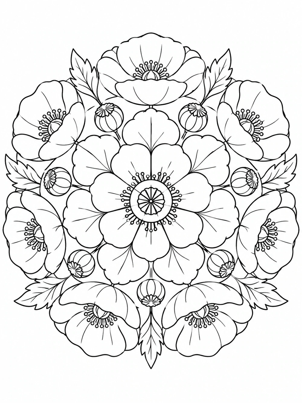 A circular black-and-white floral mandala with broad poppy petals, seed-pod circles, and leaves.