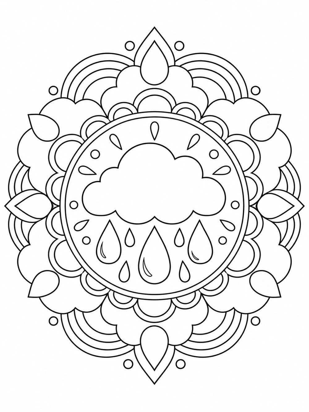 A centered cloud inside a circular weather mandala, surrounded by raindrops, layered cloud shapes, and curved arcs in black outlines.