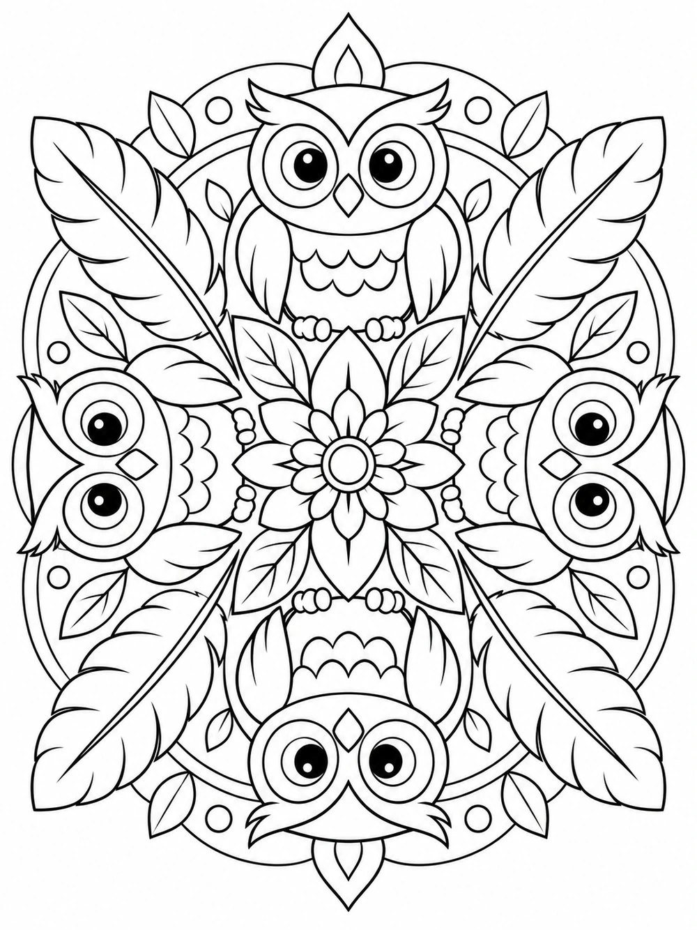 A symmetrical black-and-white mandala coloring page with four owl faces around a central flower, surrounded by feathers and leaves.