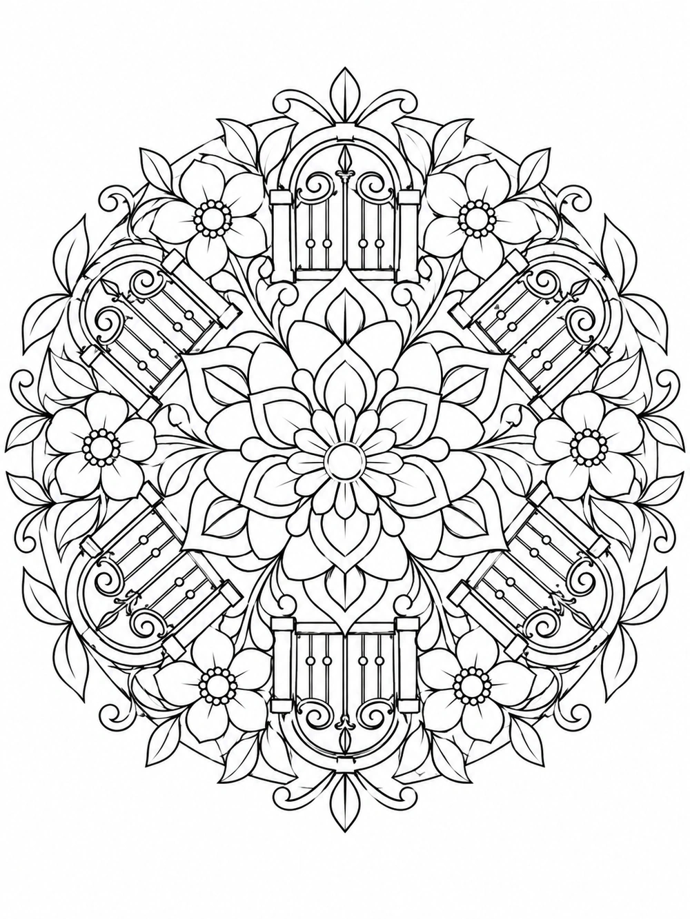 A symmetrical black-and-white mandala with decorative garden gates, flowers, leafy curls, and a central rosette.