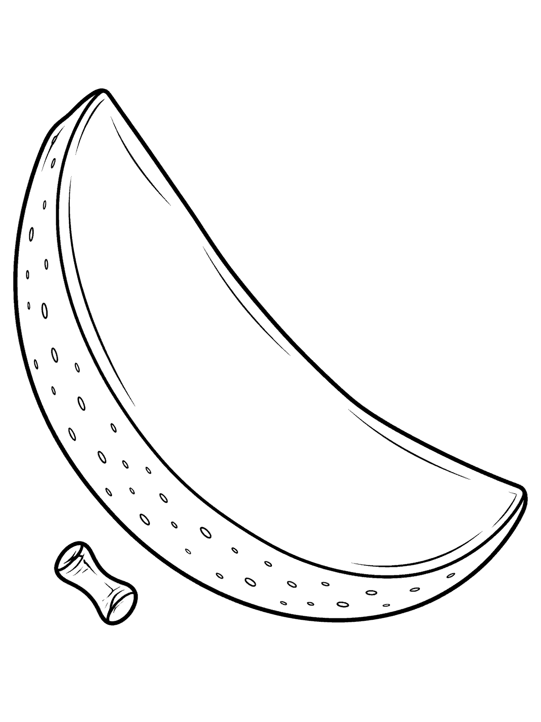 Black-outline coloring page of a crescent mango slice with a small stem nub.