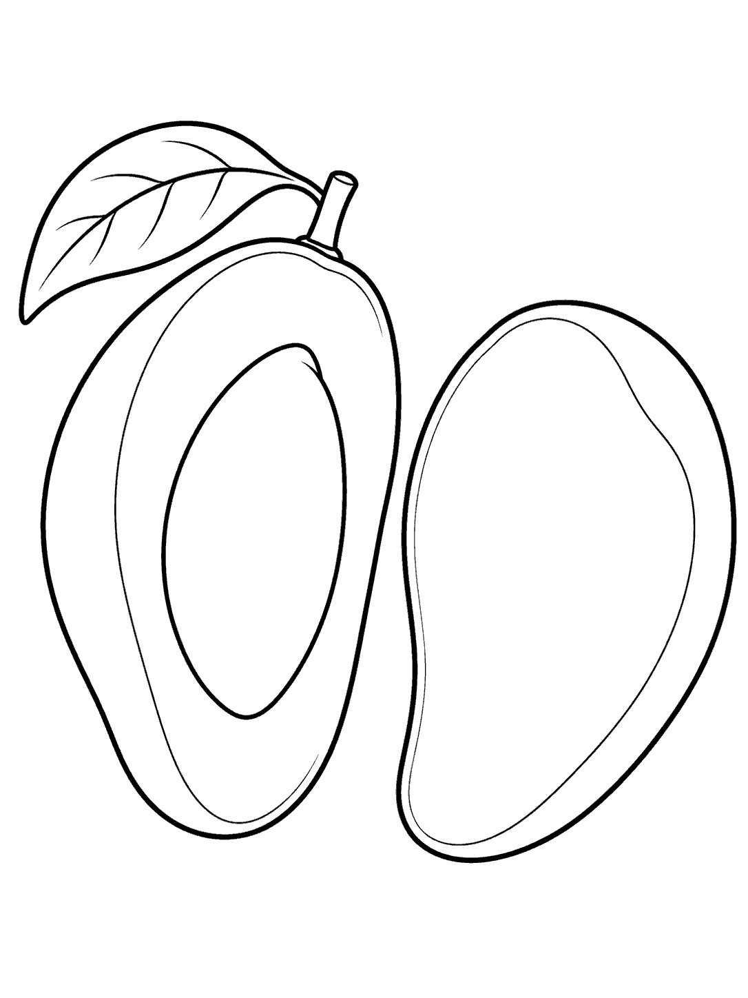 Black outline coloring page of two mango halves side by side, one showing a large oval seed and the other a smooth cut surface, with a leafy stem.