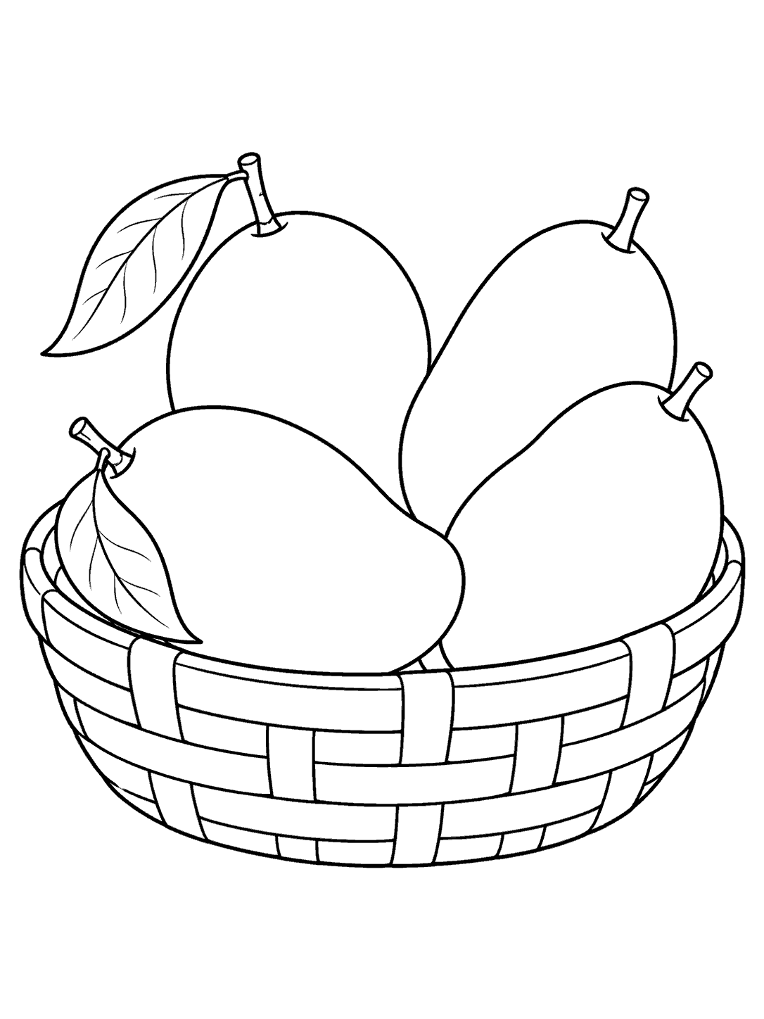 Four mangoes with stems and leaves in a rounded woven basket coloring page.