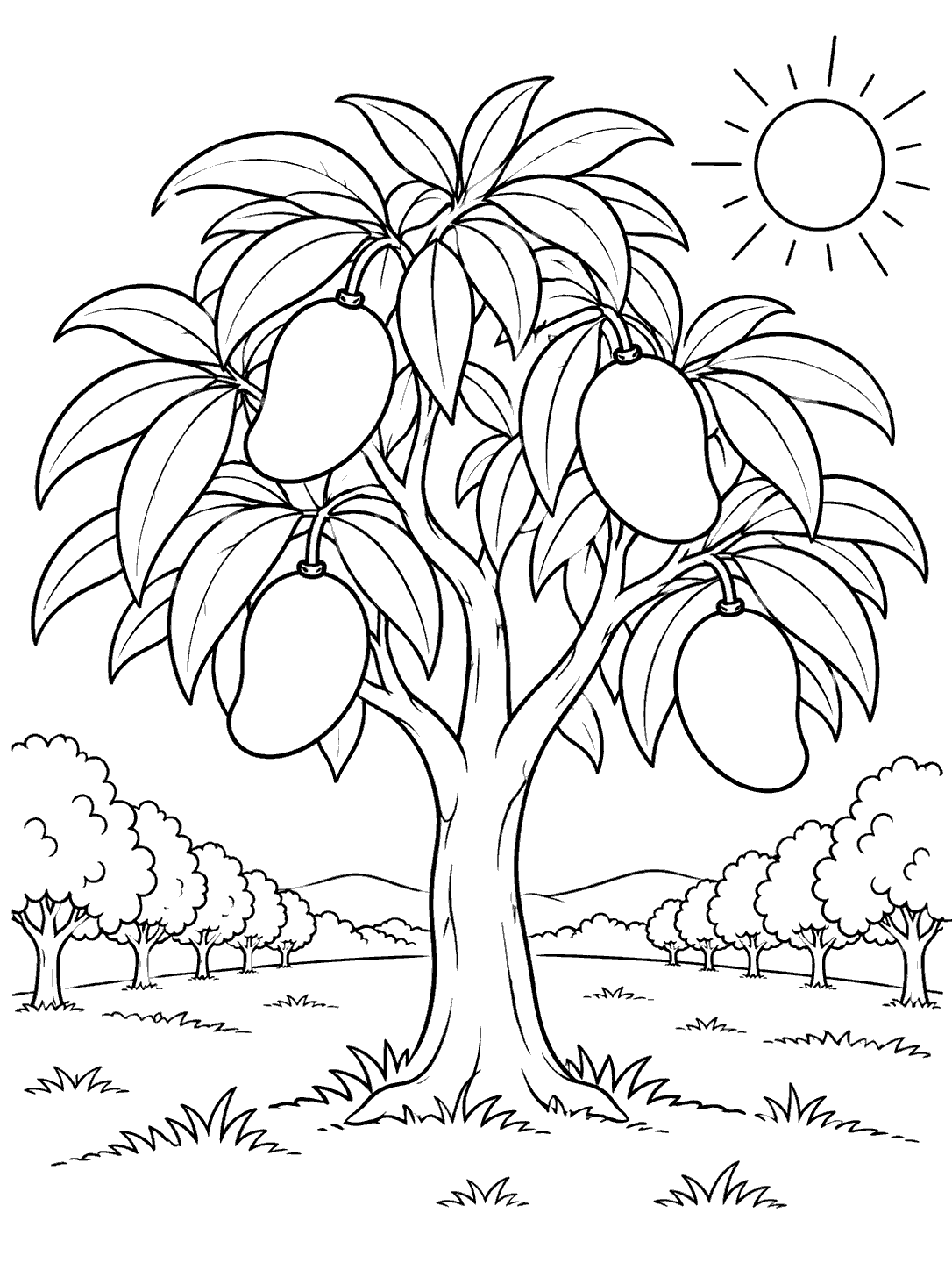 Black-outline mango tree with four mangoes, orchard rows, and a sun, ready to color.