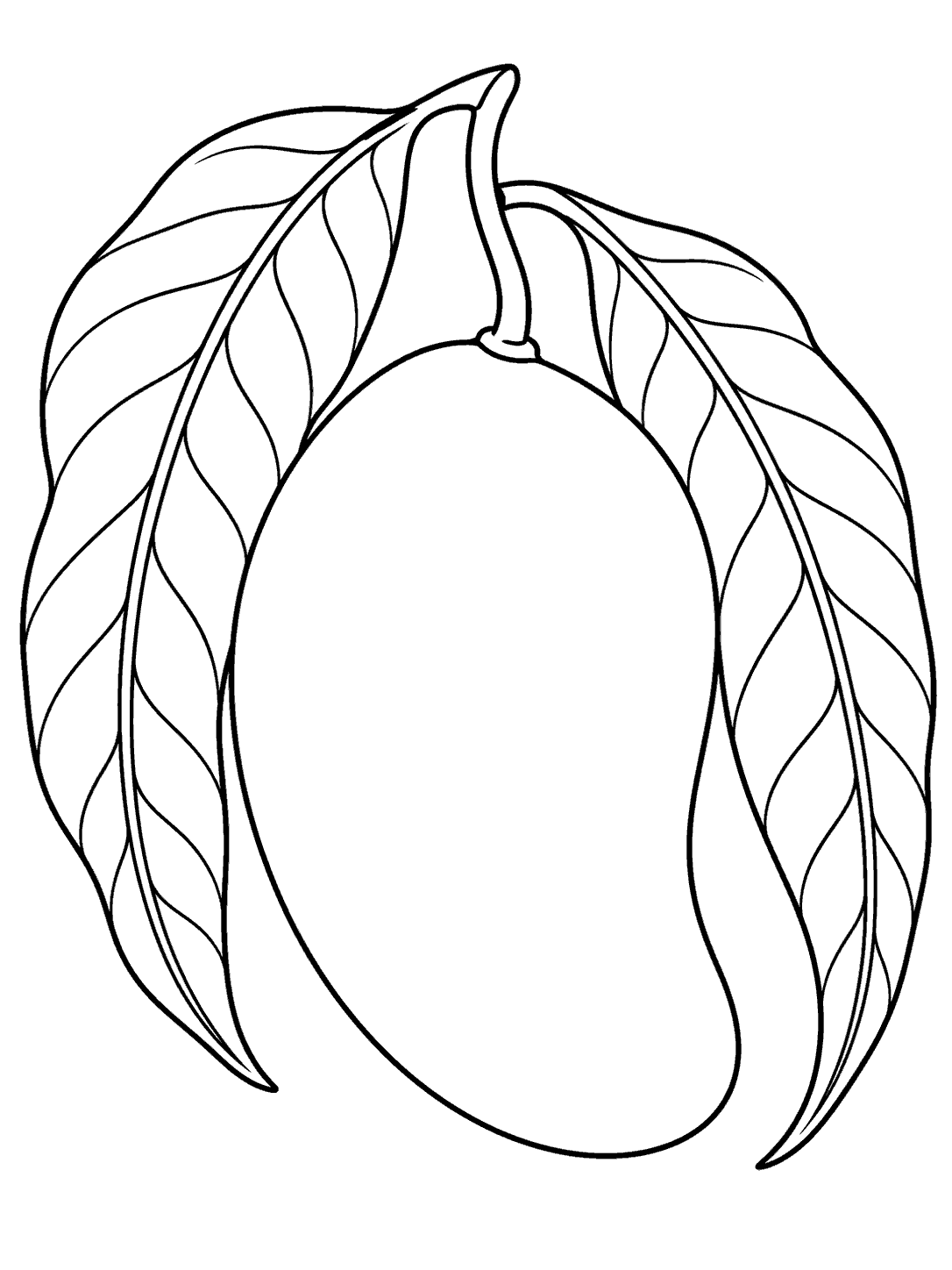 Black outline coloring page of a large mango framed by two tropical leaves.