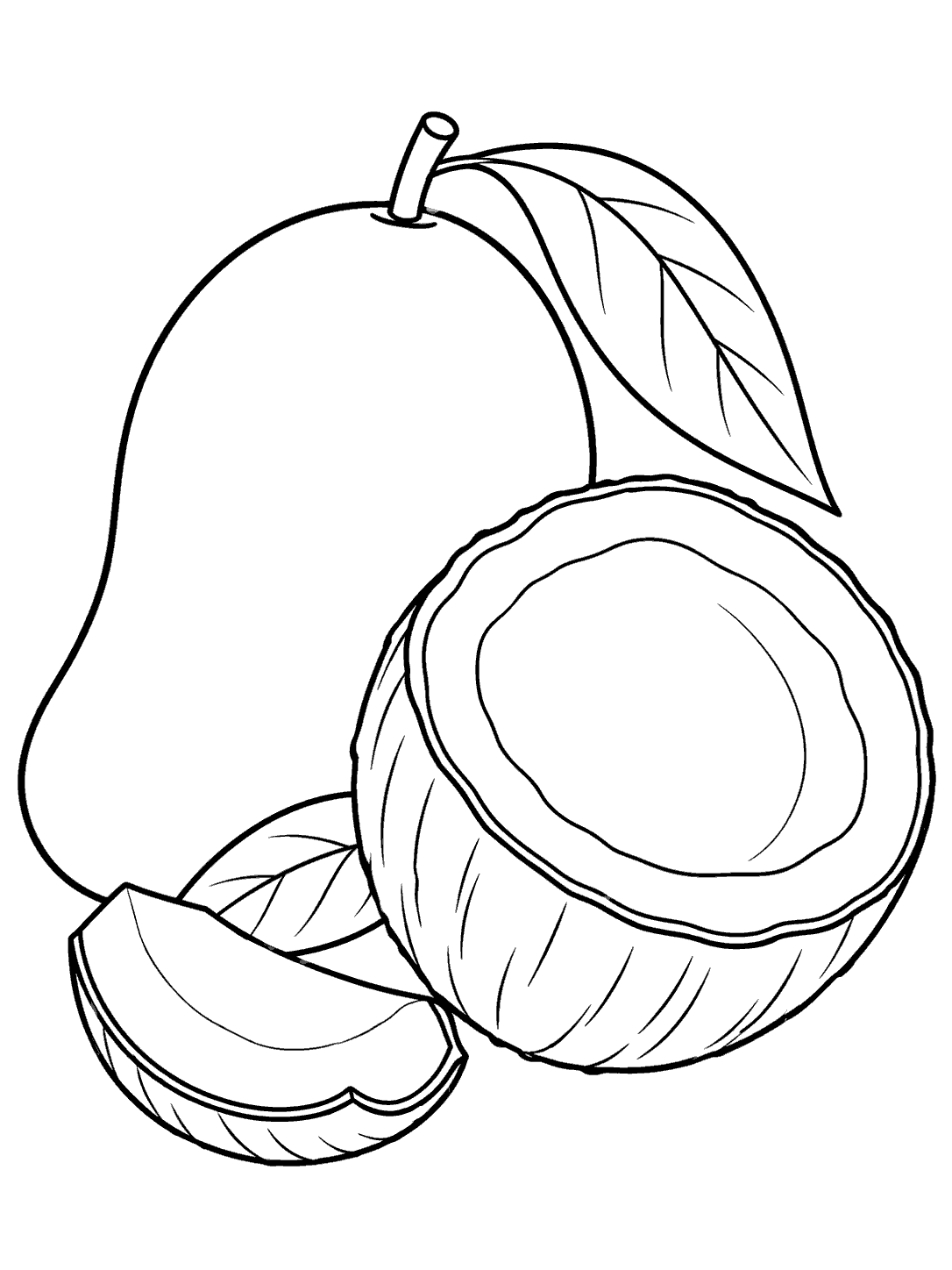 Black-outline coloring page showing a whole mango with leaves beside a halved coconut and a detached shell piece.