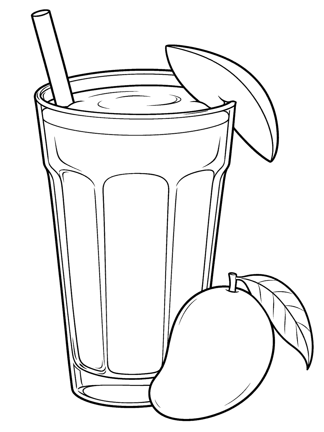 Black-outline coloring page of a tall mango smoothie glass with a straw, a mango wedge on the rim, and a whole mango beside it.