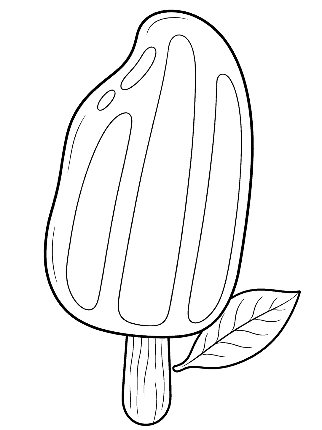 Black outline coloring page of a large mango-shaped ice pop with a wooden stick and leaf garnish.