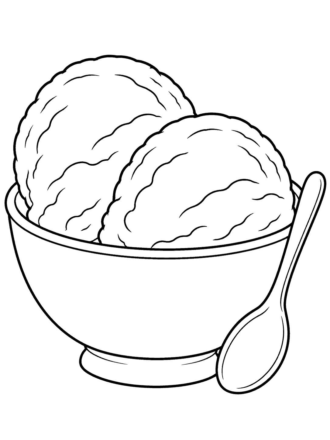 Black-outline coloring page of two mango ice cream scoops in a rounded bowl with a spoon.