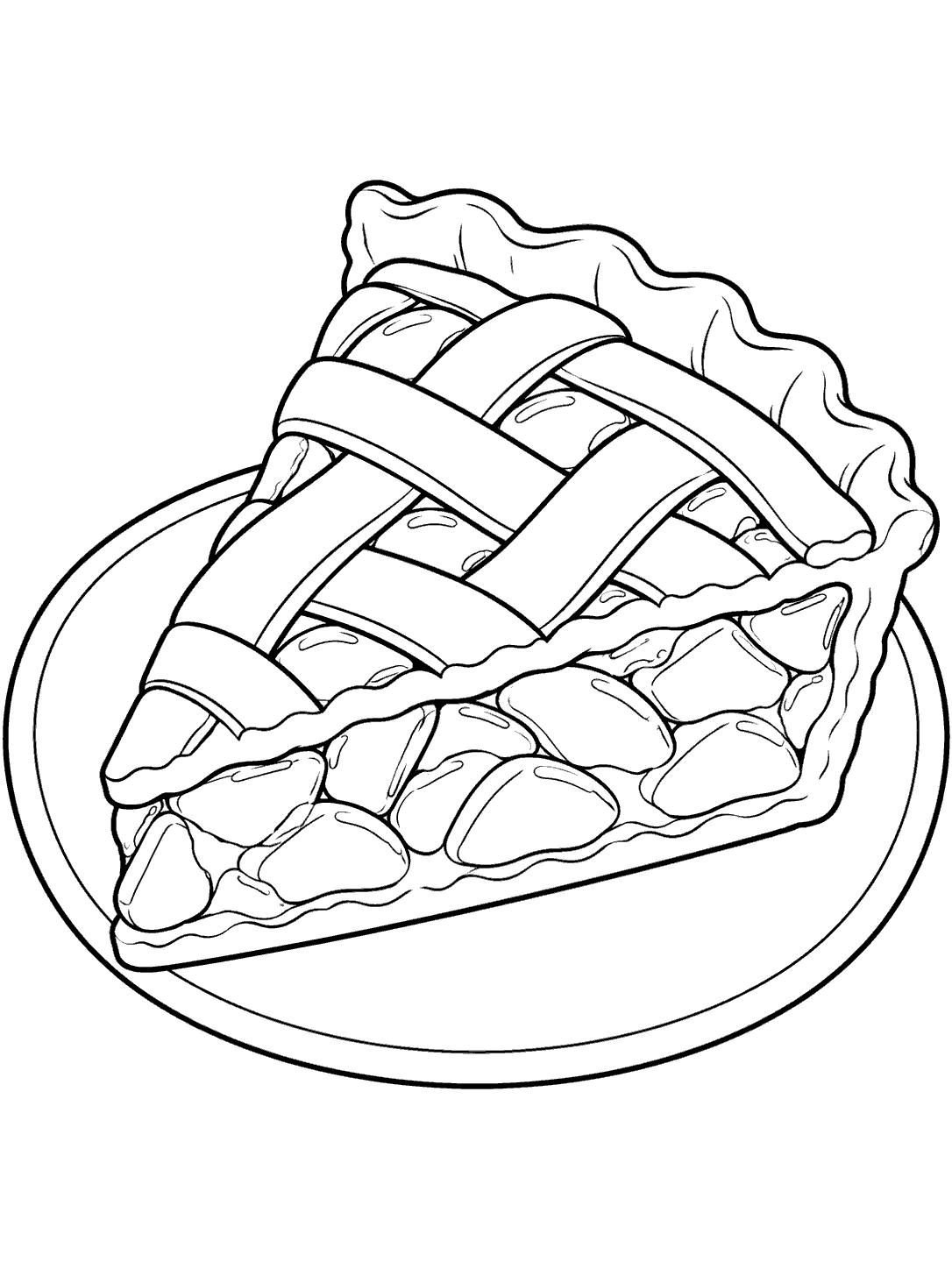Black-outline coloring page of a lattice-topped mango pie slice on a plain plate