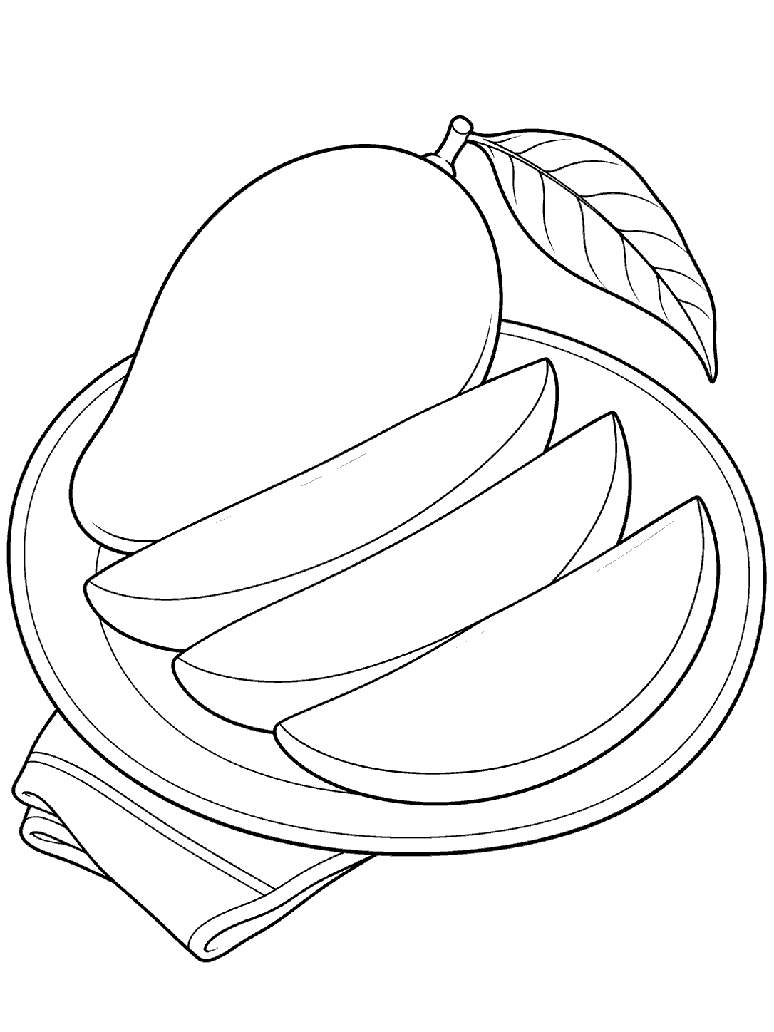 Three mango slices arranged in a fan on a round plate above a folded napkin, in a black-outline coloring page.