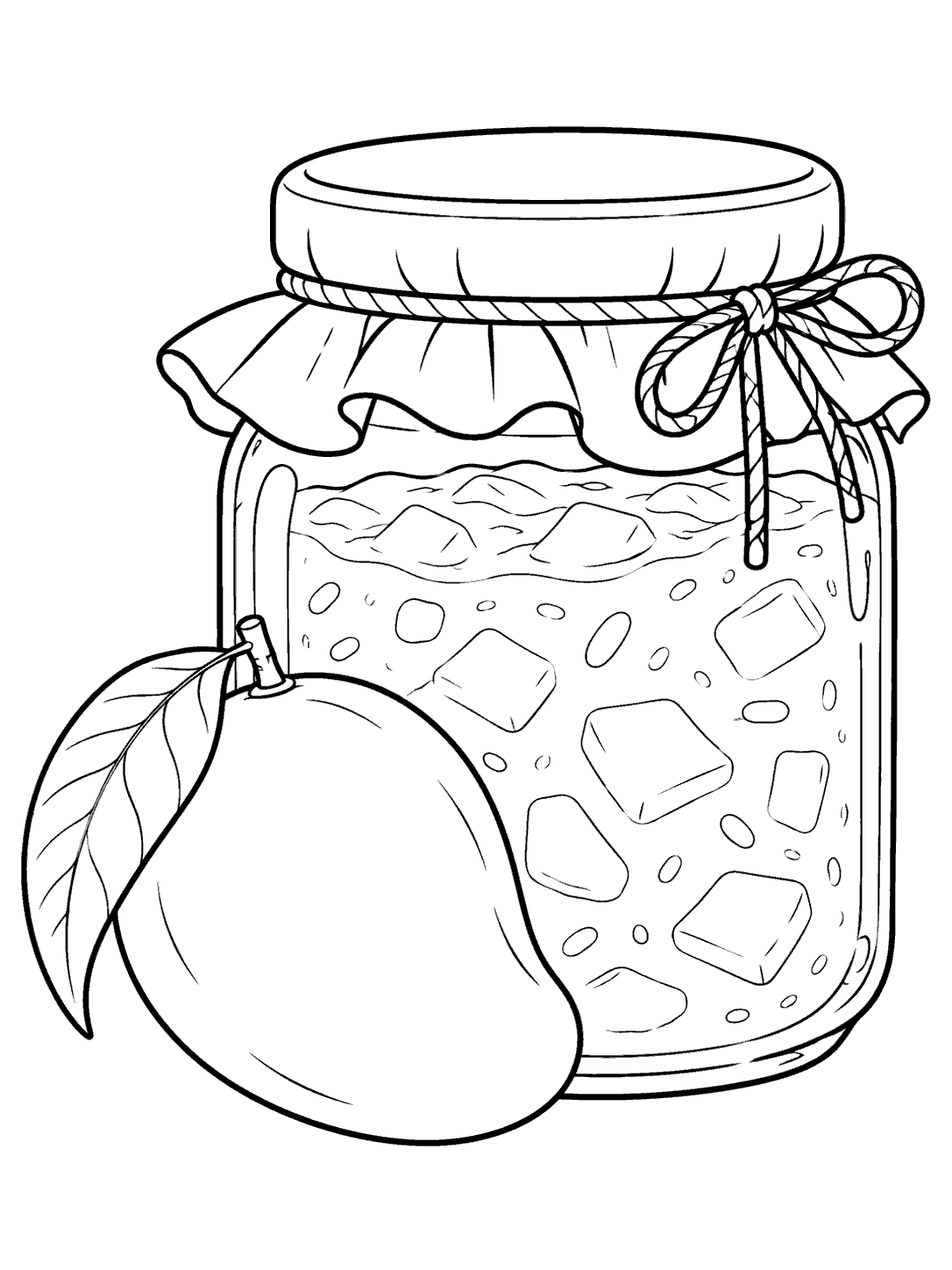 Black-outline coloring page of a mango jam jar with a tied cloth cover and a whole mango beside it.