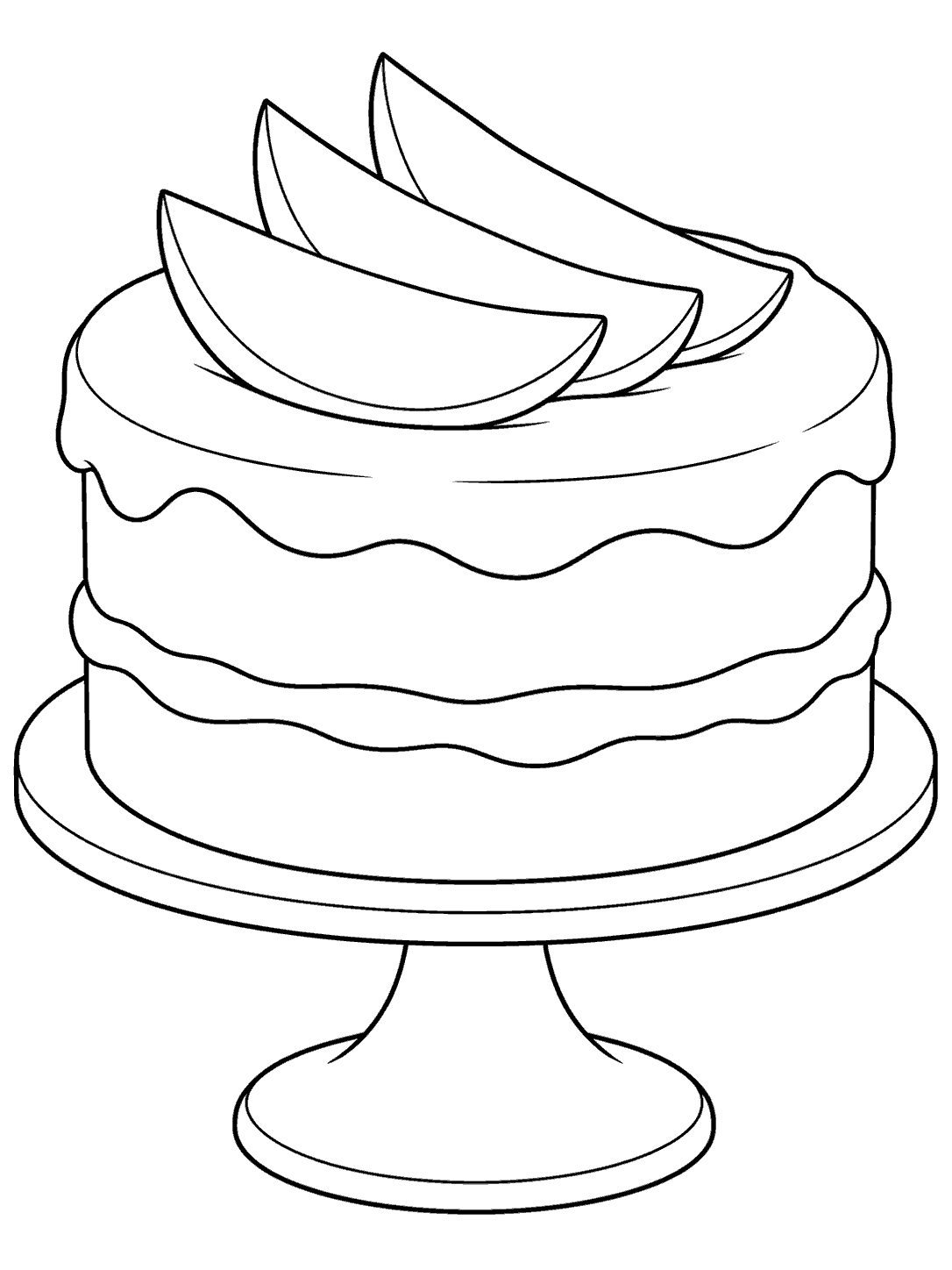 Black-outline coloring page of a two-layer cake on a cake stand topped with three mango slices.
