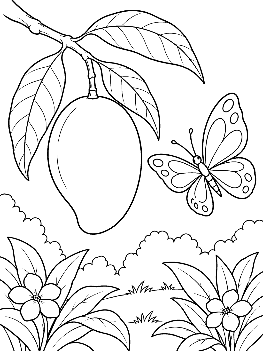 Coloring page with a butterfly hovering beside a mango hanging from a leafy twig in a garden.