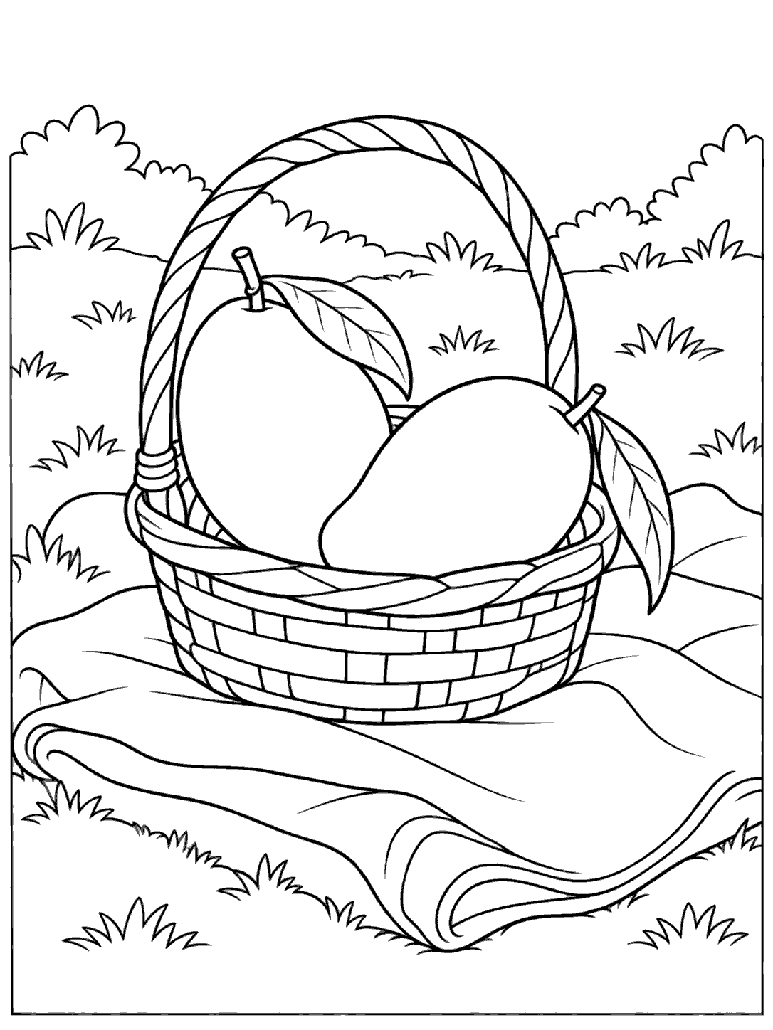 Black-outline coloring page showing two mangoes in a picnic basket beside a folded blanket, with a curved handle and garden background.